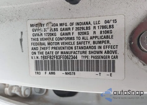 2015 Honda Civic Ex from USA, damaged, VIN 19XFB2F83FE062344